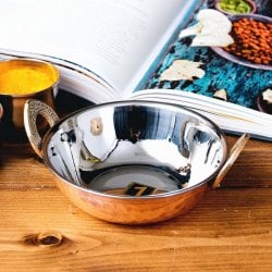 槌目銅装飾仕上げのステンレスカダイ[装飾持ち手付]サービングパン　食器・お皿〔約14cm 約530ml〕