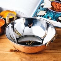 槌目銅装飾仕上げのステンレスカダイ[装飾持ち手付]サービングパン　食器・お皿〔約17.8cm 約900ml〕