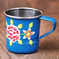 どこか懐かしいレトロテイスト　手描きカシミールペイントのミニマグカップ[直径：6cm x 高さ：5.9cm ] - 小花模様