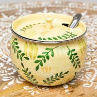 手描きカシミールペイントの壺型卓上シュガーポット ギーポット〔約8.5cm〕 - シダ模様