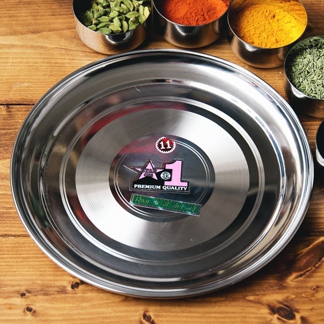 カレー大皿 No.11 [約26cm]-重ね収納ができるタイプの写真ラウンドターリー,丸皿,ターリープレート,カレー 皿,カレー 大皿,ステンレス 食器,ターリーカレー 皿,カレー 小皿,カトリ