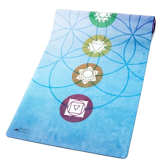 [ストラップ欠品](天然ゴム)高品質エスニックヨガマット4mm - 7チャクラフラワーオブライフ 3 - 表面は起毛素材になっています
