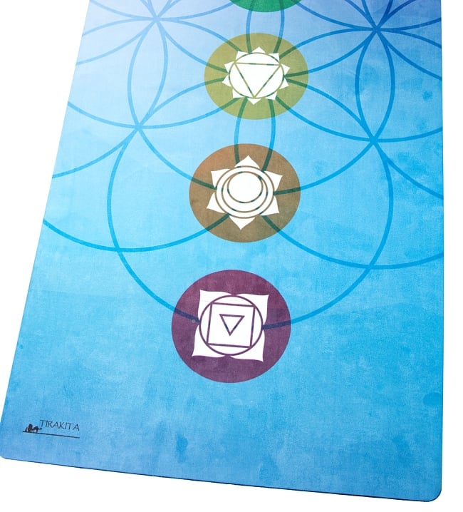 [ストラップ欠品](天然ゴム)高品質エスニックヨガマット4mm - 7チャクラフラワーオブライフ 5 - 厚さは適度なクッション性の4mmです