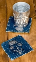 【6枚セット】カンタ刺繍とウッドブロックの手造りコースター　紺・伝統模様の商品写真