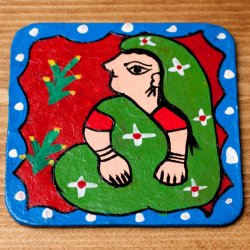 〔四角形〕 ミティラー画のコースター - 緑 女性の商品写真