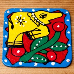 〔四角形〕 ミティラー画のコースター - 象さんと木の実の商品写真