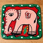 〔四角形〕 ミティラー画のコースター - ピンクサーモン 象さんの商品写真