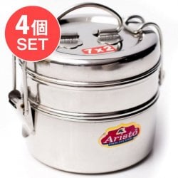 【送料無料・4個セット】2段インド弁当箱 【直径:約11.5cm 高さ:約9.5cm】 - 7x2