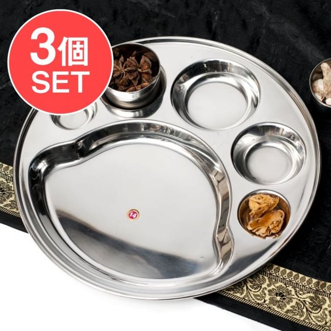 【送料無料・3個セット】6分割カレー丸皿　猫の肉球型[直径約32cm]の写真セット,カレー 皿,ランチプレート,分割 カレー皿,ターリー,キャット,猫