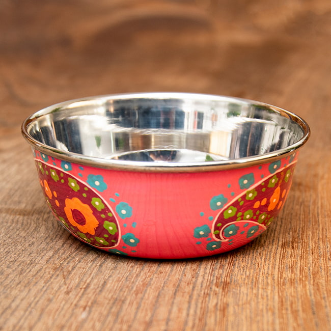 【送料無料・6個セット】手描きカシミールペイントのカトリ・カレー小皿[直径：10cm x 高さ：4cm ] - ピンクペイズリー 3 - エナメルペイントが施されています