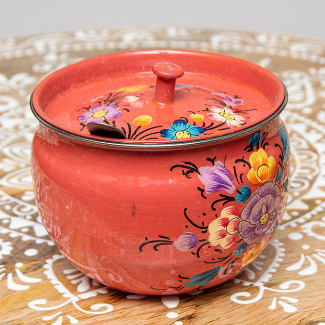 【送料無料・4個セット】手描きカシミールペイントの壺型卓上シュガーポット ギーポット〔約8.5cm〕 - 更紗サーモンピンク系 3 - 裏面にもキレイにペイントされております