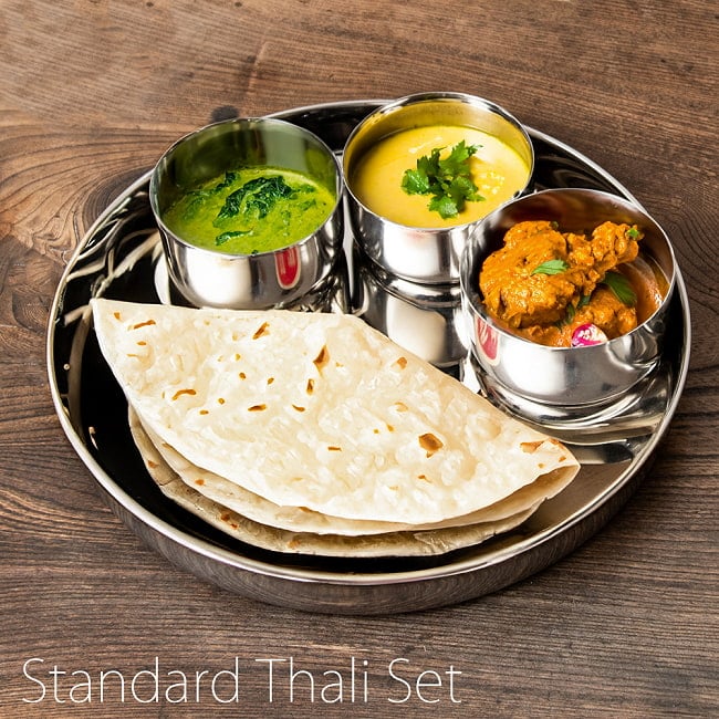 スタンダード ターリーセット カレー大皿 1枚とカレー小皿3個のセットの写真セット,ラウンドターリー,丸皿,ターリープレート,カレー 皿,カレー 大皿,ステンレス 食器,ターリーカレー 皿,カレー 小皿,カトリカレー 皿,カトゥリカレー 皿