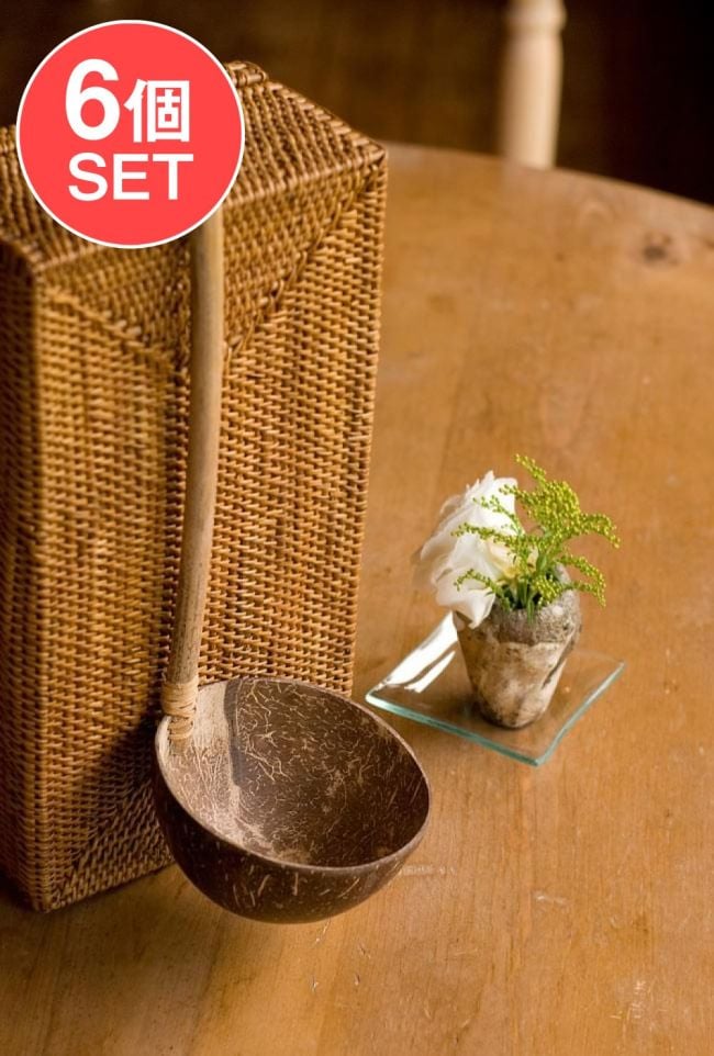 【6個セット】ココナッツの大きなお玉　持ち手縦タイプの写真セット,バリ雑貨,食器,お玉,レードル,柄杓,ひしゃく,サウナスプーン,ロウリュ,サーバー,サービングスプーン,ナチュラル,アジアン,カフェ,パーティー,ココナッツシェル,テーブルウェア