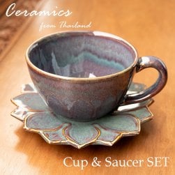 【お得なSET】エスニック気分を盛り上げる　ロータスシリーズ　マグカップ＆ソーサーセット　Sky purple