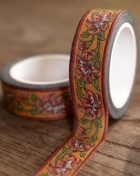 オレンジボーダー花柄-ティラキタオリジナル マスキングテープ 15mm x 10m