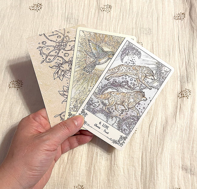 スピリットソングタロット - Spirit Song Tarot 6 - カードの大きさはこのくらい。カードを持っている手は、手の付け根から中指の先までで約17cmです。