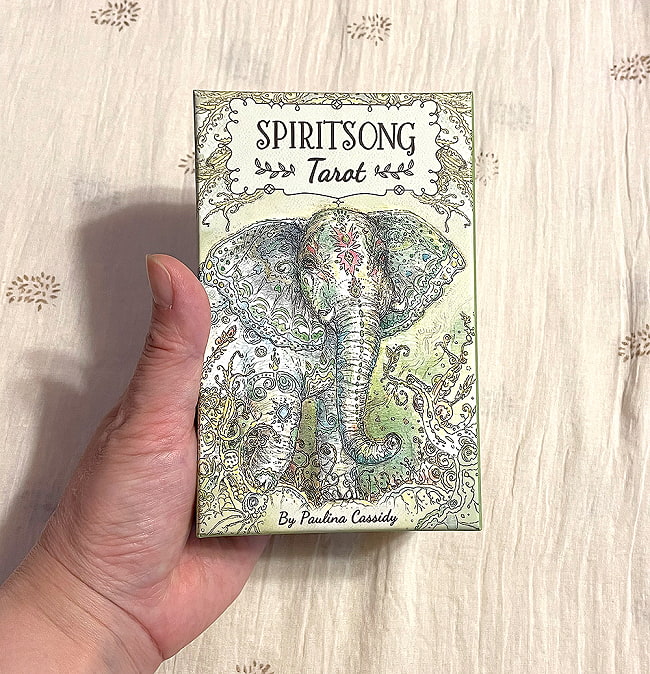 スピリットソングタロット - Spirit Song Tarot 7 - 外箱の大きさはこのくらい。箱を持っている手は、手の付け根から中指の先までで約17cmです。