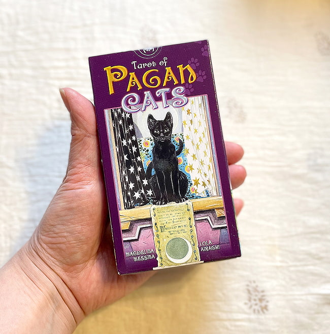 ペイガンキャッツ・タロット - Pegan Cats Tarot 5 - 外箱の大きさはこのくらい。箱を持っている手は、手の付け根から中指の先までで約17cmです。