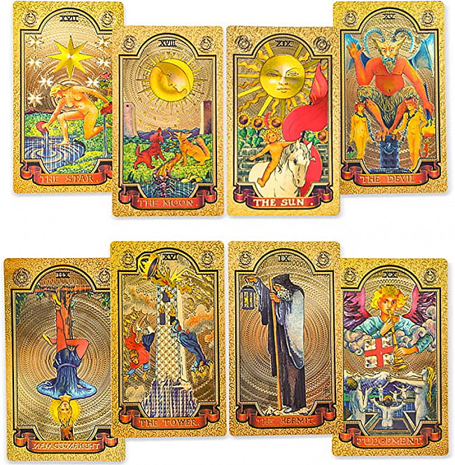 ゴールドフォイルタロット　オールゴールド版　箱グレー - Gold foil tarot all gold edition box gray 2 - 「太陽」のカードの子供が1人ですので、こちらのカードはウェイト版です。
