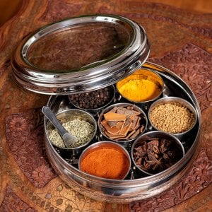 中身が見える！シースルー蓋の円形スパイスボックス　7種類のスパイスを入れられる[直径約21cm](ID-TBLWR-1070)