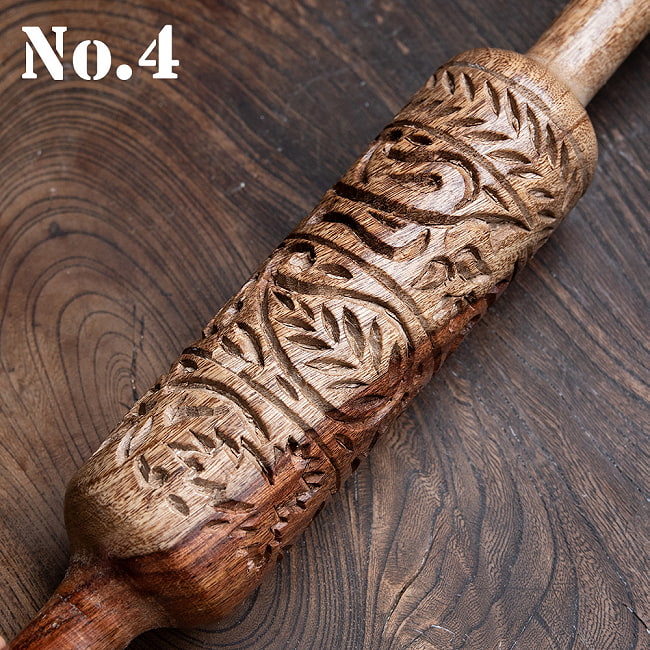 インドで手彫りされたエスニック柄　麺棒【約30cm】 12 - No.4