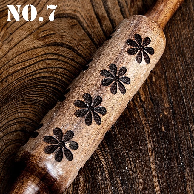 インドで手彫りされたエスニック柄 麺棒【約30cm】 18 - No.7