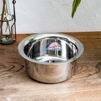 取っ手のないインドの鍋 バゴーナー パティラ 容量:1.1L程度 外径:約17.5cm ステンレス製