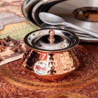 〔No.7〕〔蓋付き〕高級感ある槌目仕上げのハンディカダイ インドの鍋型のかわいい器 インドカレー ビリヤニなどへ〔直径約9.7cm 約250ml〕