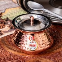 〔No.8〕〔蓋付き〕高級感ある槌目仕上げのハンディカダイ インドの鍋型のかわいい器 インドカレー ビリヤニなどへ〔直径約10.8cm 約400ml〕