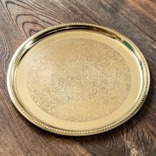 ペイズリー模様が美しい 金色のブラス製ラウンドトレイ 27.5cm