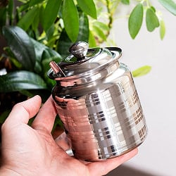 〔約550ml〕レードル付き 大きめ シュガーポット ギーポット レトロな形にモダンな風合いが魅力 ステンレス製 - メイン
