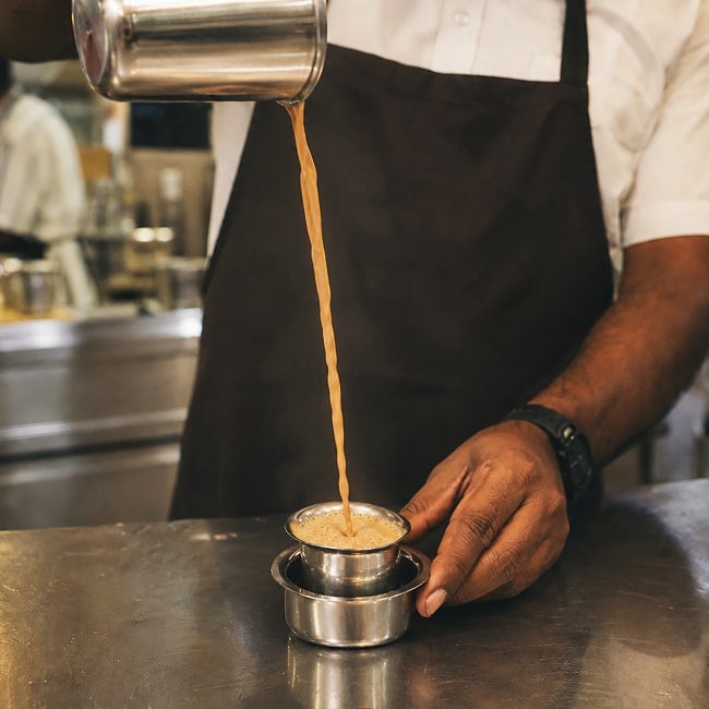 南インドのコーヒーカップとソーサーセット〔直径:約7.2cm〕 9 - お店で頼むと、このように店員さんが撹拌してくれます