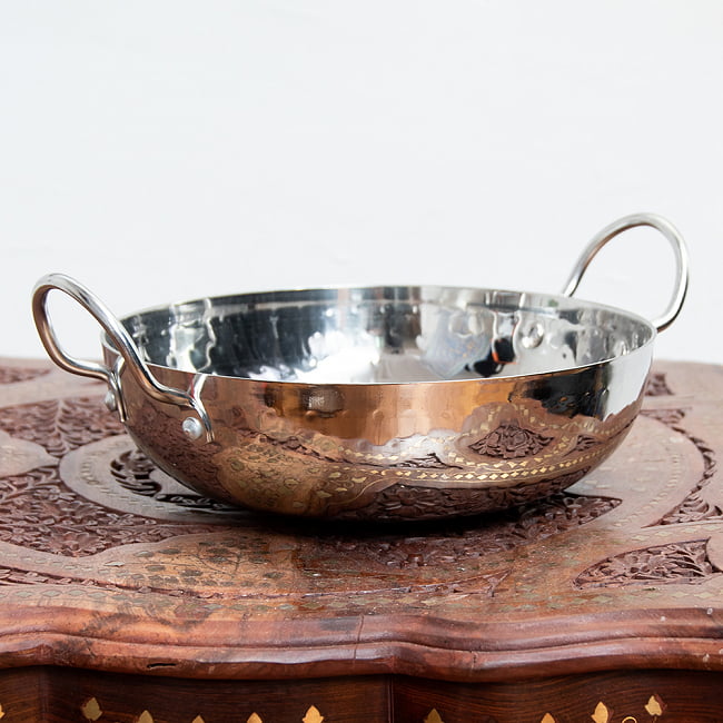 槌目仕立てステンレス調理用カダイ - 直径約24.5cmの写真1枚目です。インド亜大陸独特の鍋です。カラヒ,カダイ,インド鍋,マサラ