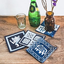 【4枚セット】インド伝統の藍染め ハンドメイドコットン コースター 四角形の商品写真