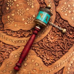 チベタンターコイズとワイヤーアート装飾のマニ車 チベット仏教　マントラ [長さ：約21cm]