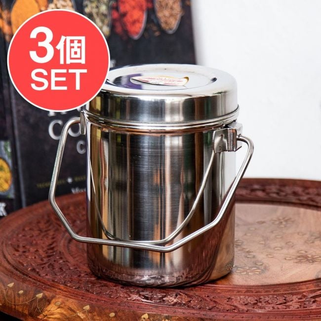 【送料無料・3個セット】〔1.1L〕インドのステンレスミルクポット　ビリー缶　ブッシュクラフト　焚き火とキャンプの直火調理にもの写真セット,ビリカン,ビリーカン,ビリーポット,焚火缶,キャンプ,野営,ソロキャンプ,トライポッド,フードストッカー,弁当箱,炊飯