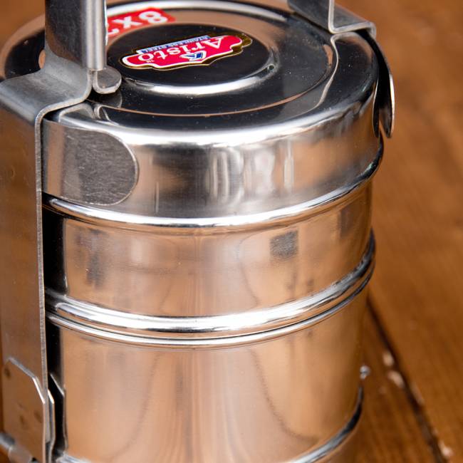 【送料無料・3個セット】鍵が掛かる！インド2段ボンベイ弁当箱　ダッバーワーラー仕様【直径:約10cm 高さ:約19.5cm】 7 - 拡大写真です