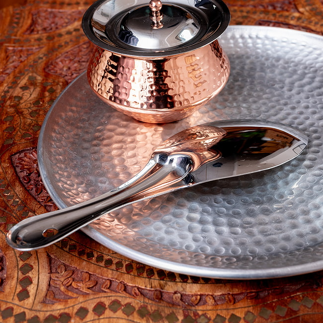 【12個セット】インドのしゃもじ　サービングスプーン　ライスやビリヤニの取り分け等へ サーバースプーン　ステンレス製　[25.5cm] 10 - このようなそり具合です