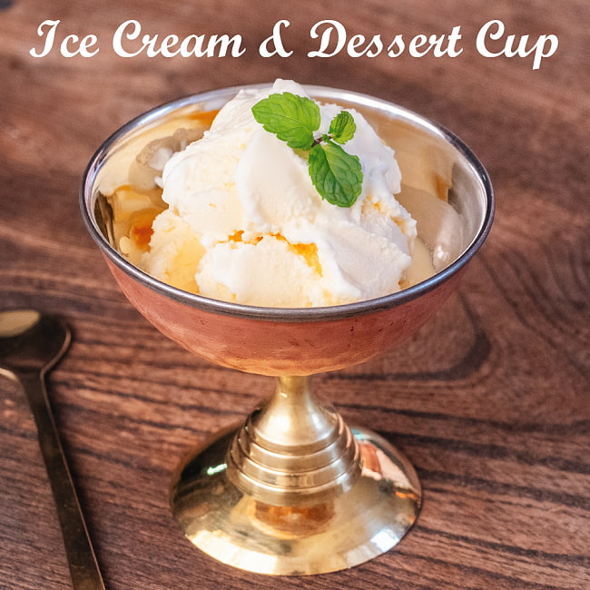 【送料無料・6個セット】インドの高級ホテル気分 アイスクリーム ＆ デザートカップ ブラス脚と銅の槌目模様が美しい 2 - 清潔感あるステンレス、銅の槌目仕上げ、土台のブラスと3つの金属を使用した高級感あるカップです