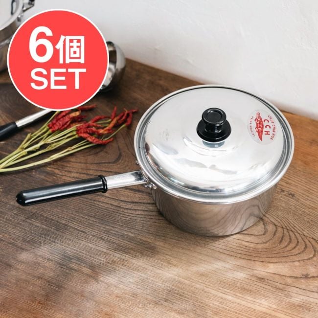 【6個セット】タイ屋台のアルミ片手鍋　タイの王室御用達　CCH (Chue Chin Hua)　クロコダイルブランド〔内径：約20cm 容量：約2500ml〕の写真セット,カオトム,タイのお粥,鍋,タイ料理,おしゃれ,調理用鍋,クロコダイル,タイ屋台,タイレストラン,の込鍋,調理器具