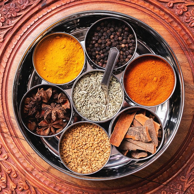 【6個セット】中身が見える！シースルー蓋の円形スパイスボックス　7種類のスパイスを入れられる[直径約19cm] 6 - 蓋を外したところです