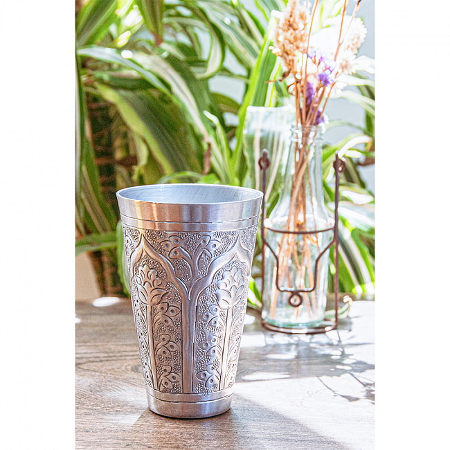 【4個セット】ムスリム職人の手仕事が息づく 薄彫り ラッシーグラス 高さ13.5cm程度 7 - 食卓の彩りに。