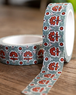 【6個セット】ブルー・オレンジ小花柄-ティラキタオリジナル マスキングテープ 15mm x 10m - サブ2