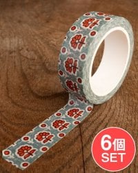 【6個セット】ブルー・オレンジ小花柄-ティラキタオリジナル マスキングテープ 15mm x 10m