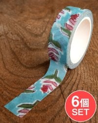 【6個セット】水色・ピンク花柄-ティラキタオリジナル マスキングテープ 15mm x 10m