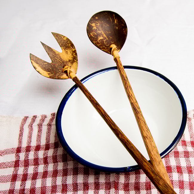 【6個セット】サラダの取り分けにも便利！ココナッツのスプーン・フォークセット　サラダサーバー 9 - サラダの取り分けなどにぜひ！