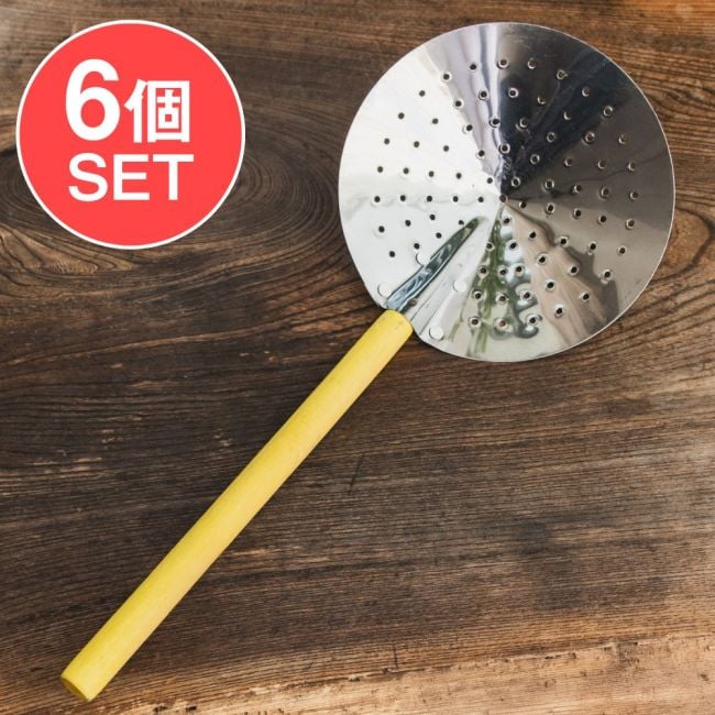 【6個セット】セロック（Serok）  40cm インドネシアの揚げ物屋台の油切り 油ハネガードにもの写真セット,インドネシア,バリ島,ゴレンガン,揚げ物,油切り,スキマー,油はねガード,木柄キッチンツール,屋台道具,エスニック調理器具