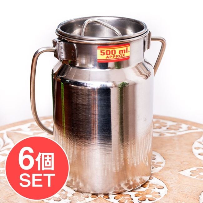 【6個セット】〔約500ml〕取っ手付き　かわいいフォルムのギーポット　ミルク缶　ミルクポット　ステンレス製の写真セット,ミルクジャー,ストレージ,オイル,ギーポット,キャニスター,保存容器,お菓子ケース