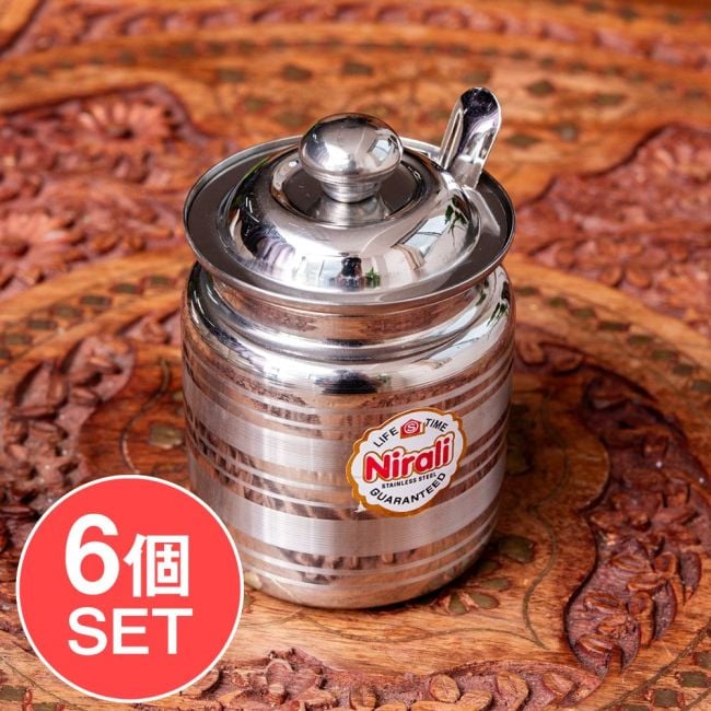 【6個セット】〔約150ml〕レードル付き シュガーポット ギーポット レトロな形にモダンな風合いが魅力 ステンレス製の写真