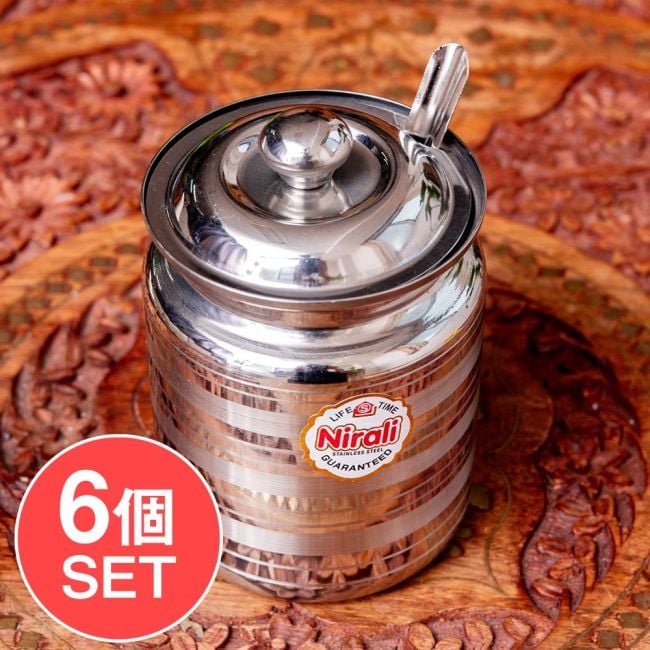 【6個セット】〔約300ml〕レードル付き　シュガーポット　ギーポット　レトロな形にモダンな風合いが魅力　ステンレス製の写真セット,砂糖入れ,塩,調味料入れ,ストレージ,オイル,ギーポット,キャニスター,保存容器